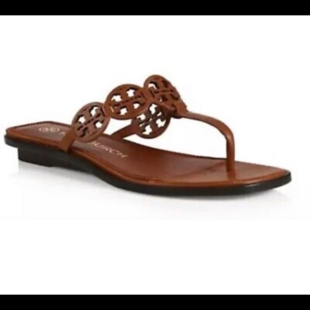 TORY BURCH Tiny Miller Black Medallion Logo Leather Wedge Thong Sandals size 8